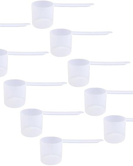 Plastic Measuring Scoop, (70 cc | 2.37 fl oz. | 70 mL) Long Handle Spoons for Powders, Granules, Coffee, Pet Food, Baking, Protein and Other Dry Goods, BPA Free (Set of 10)