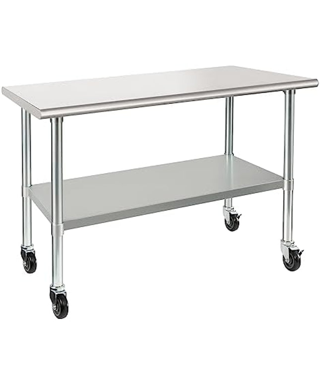 HARDURA Stainless Steel Table with Wheels 24 x 48 Inches Casters NSF Heavy Duty Commercial Work & Prep Table with Undershelf and Galvanized Legs for Restaurant Kitchen Bar and Hotel Garage