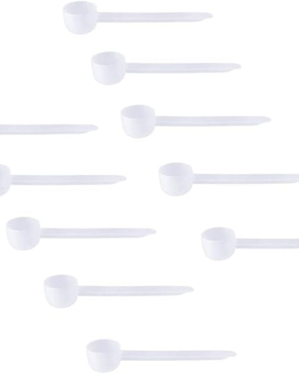 Plastic Measuring Scoop, 2 teaspoon (BOWL 10 cc | 10 mL) Long Handle Spoons for Powders, Granules, Coffee, Pet Food, Baking Supplies, Protein and Other Dry Goods, BPA Free (Set of 10)