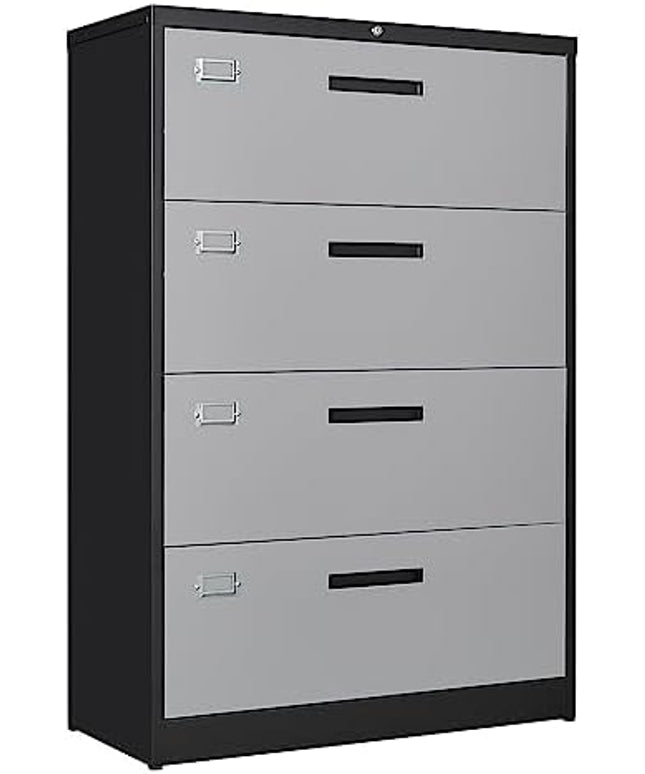 Letaya 4 Drawer Lateral Metal Filing Cabinet with Lock-File Cabines-Organization Storage Cabinets for Home Office-Hanging Letter/Legal/F4/A4 Size (4 Drawer-Grey Black)