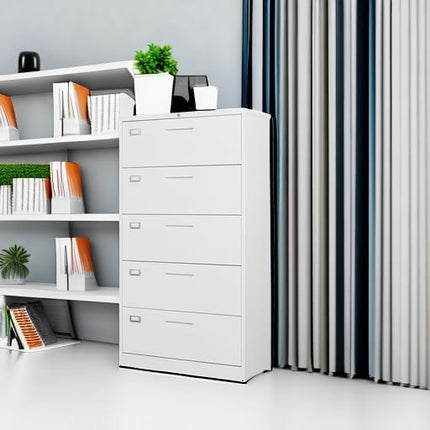 Letaya Lateral 5 Drawer File Cabinet with Lock,Metal Wide White Filing Cabinets for Home Office Storage A4/F4/Letter/Legal(Assembly Required)