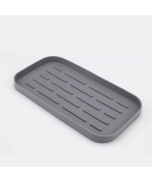 Silicone Organizer Tray, Soap and Sponge Holder for Kitchen Sink, Bathroom - Storage Tray for Dish Brush, Soap Dispenser, Dishwashing Accessories (Gray 10x5.3in)