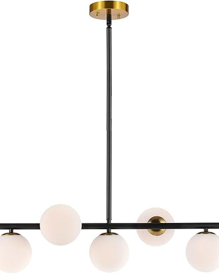 7 Lights Modern Sputnik Chandelier Globe White Glass Shade Linear Mid Century Farmhouse Pendant Light Fixture for Dining Kitchen Island Bedroom Lighting (Gold/Black)