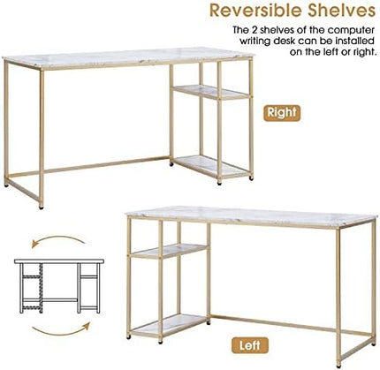 ivinta Computer Desk, Home Office Desk with Storage Shelves for Living Room, Bedroom, Office, Whale-ML55 (White and Gold, 55")