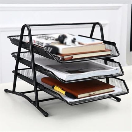 Metal Three-Tier Desk File Organizer - Office Supplies Storage Rack, Drawer Style Data Tray for Efficient Document Management, Black Color
