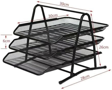 Metal Three-Tier Desk File Organizer - Office Supplies Storage Rack, Drawer Style Data Tray for Efficient Document Management, Black Color