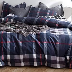 CLOTHKNOW Blue Plaid California King Comforter Set 3Pcs Tartan Bedding Comforter Sets All Season Soft Blue White Grey Grid Comforter with 2 x Pillow Cases