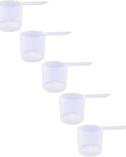 Plastic Measuring Scoop, (118.4 cc | 1/2 Cup | 4 fl oz. | 118.4 mL) Long Handle Spoons for Powders, Granules, Coffee, Pet Food, Baking Supplies, Protein and Other Dry Goods, BPA Free (Set of 5)