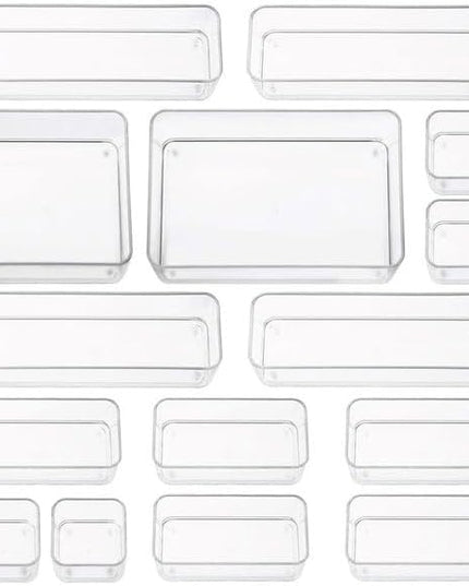 primebox Fifteen Pieces. Plastic Clear Drawer Organizers. Bathroom, Kitchen, Bedroom, Utensils, Office Organizer Bins, Storage Trays. Heavy Duty, Stackable 5 Sizes.