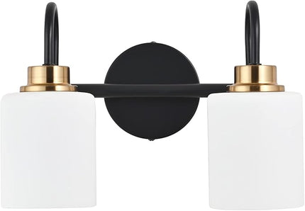 Modern Matte Black and Gold Bathroom Vanity Light Fixtures 2 Lights Milky Glass Wall Sconce Light Modern Vanity Lights Over Mirror(Exclude E26 Bulb)