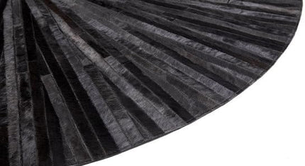 Premium Cowhide Leather Hand Made Stripes Patterned Round Area Rug - 10X10 ft - Black, Premium Hand Made House Carpet for Living Room, Bedroom, Entryway