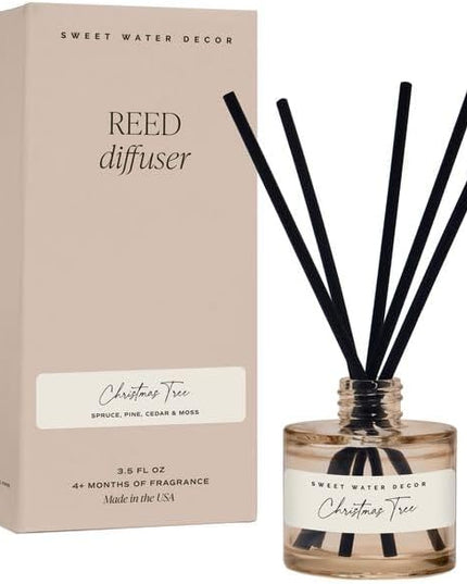 Sweet Water Decor Christmas Tree Reed Diffuser Set - Spruce, Pine Needles, Cedar, and Moss Scented Diffusers - Scent Diffusers for Home, Long Lasting Fragrance, Made in The USA