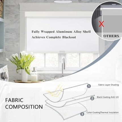 AOSKY Blackout Roller Shades Cordless Blinds for Windows, Free-Stop Shades with Valance, Thermal Insulated Fabric, UV Protection, Natural Woven Blinds for Home(49" W x 72" H, White)