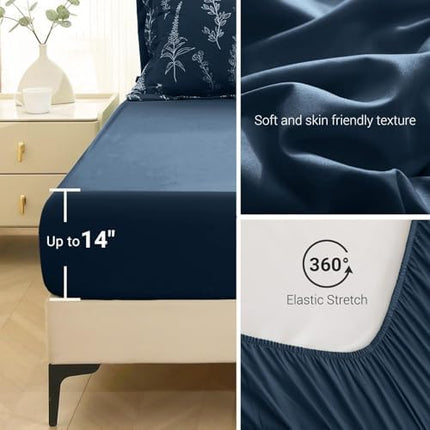 MUXHOMO Navy Blue Bed in a Bag Queen 7 Pieces, Queen Comforter Set Reversible Botanical Flowers Design, Ultra Soft & Breathable Bedding Sets with Comforter, Sheets, Pillowcases & Shams