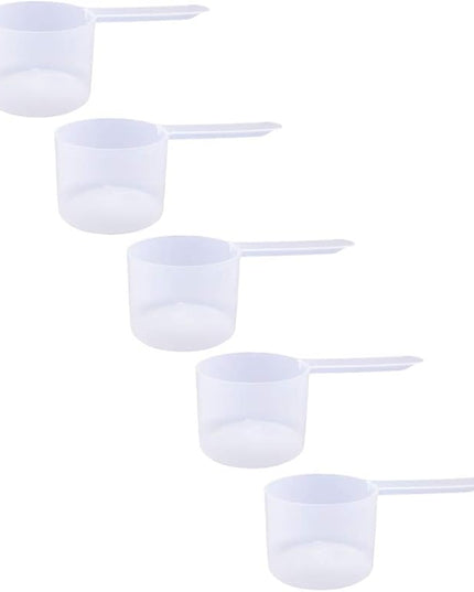 Plastic Measuring Scoop, 6 Tablespoon (90 cc | 3/8 Cup | 3 oz. | 90 mL) Long Handle Spoons for Powders, Granules, Coffee, Pet Food, Baking Supplies, Protein and Other Dry Goods, BPA Free (Set of 5)