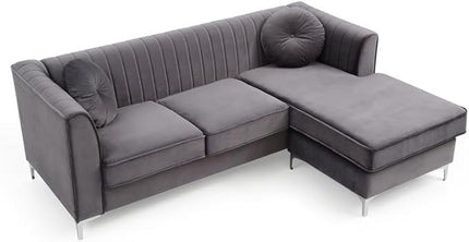 Velvet Sofa Chaise Lounge Gray Modern Living Room Furniture