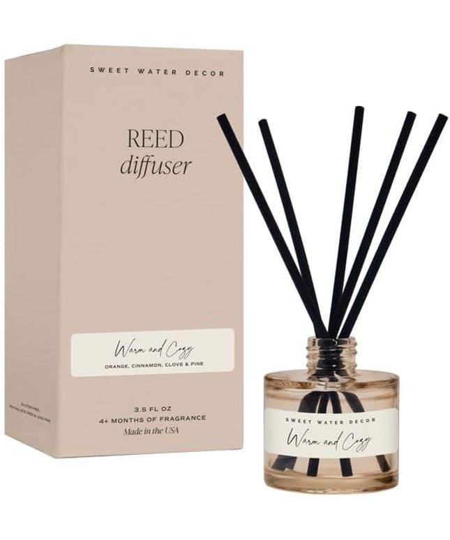 Sweet Water Decor Warm and Cozy Reed Diffuser Set - Orange, Cinnamon, Clove, and Pine Fall and Winter Scented Diffuser - Sandstone Diffusers for Home, Long Lasting Fragrance, Made in The USA