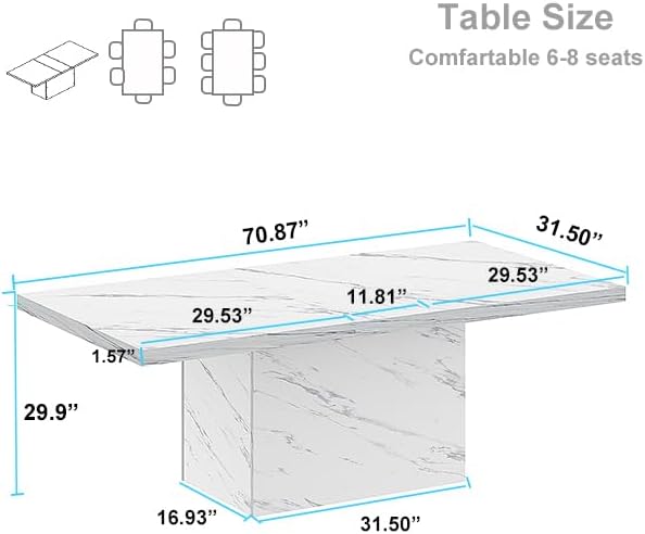 HSH 71” White Faux Marble Dining Table, Rectangle Modern Dinner Kitchen Table for 6-8, Farmhouse Long Kitchen Furniture for Living Room, Industrial Wood Dining Room Table with Sturdy Base