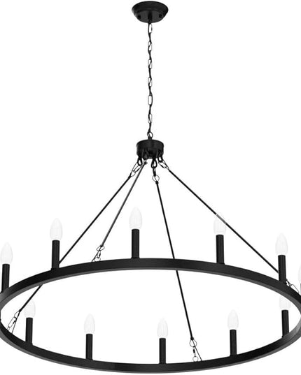 Black Wagon Wheel Chandelier 38 inch,12-Light Farmhouse Wagon Wheel Chandeliers Round Industrial Ceiling Rustic Country Light fixtures for Outdoor Porch high Ceilings Living Dining Room Foyer Entryway