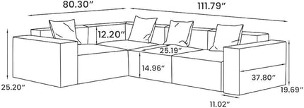 POVISON 112" Modern Modular Sectional Sofa for Living Room 25" Deep Seat Sofa Set Large Sectional Corner Couches Velvet 3 Seats Oversized Big Comfy Cloud Couch for House Office