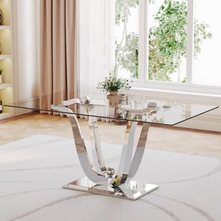 70" Silver Tempered Glass Dining Table, Modern Glass Kitchen Table Dining with Tempered Glass Tabletop and Unique Stainless Steel Pedestal, Modern Kitchen Dining Room Table for 8