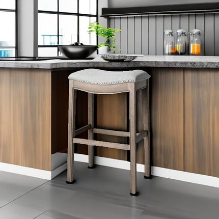 Maven Lane Adrien Backless Bar Stool – 31 Inch Saddle Seat with Footrest – Grey Solid Wood Frame & Grey Fabric Upholstery – Ideal for Bars, Pub Tables & Tall Kitchen Counters