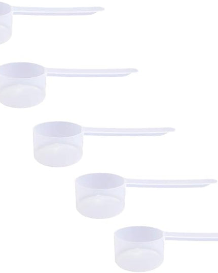Plastic Measuring Scoop, (43 cc | 1.5 Oz. | 43 mL) Long Handle Spoons for Powders, Granules, Coffee, Pet Food, Baking Supplies, Protein and Other Dry Goods, BPA Free (Set of 5)