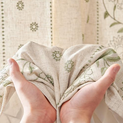 jinchan Winslow Lined Linen Curtains for Bedroom 84 Inches Linen Blended Embroidered Bordered Floral Curtains for Living Room Farmhouse Decor Window Treatments Sage on Beige Drapes 2 Panels