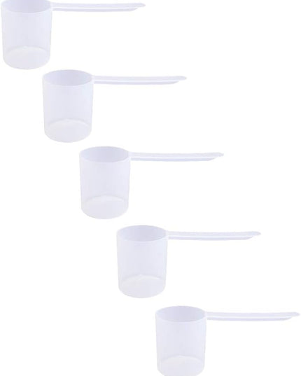 Plastic Measuring Scoop, (80 cc | 1/3 Cup | 2.7 fl oz. | 80 mL) Long Handle Spoons for Powders, Granules, Coffee, Pet Food, Baking Supplies, Protein and Other Dry Goods, BPA Free (Set of 5)