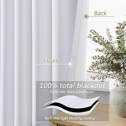 Guken White Linen Blackout Curtains 42 Inch Wide by 84 Inch for Living Room Bedroom Back Tab Thermal Insulated 100% Black Out Linen Drapes Room Darkening Window Curtains White