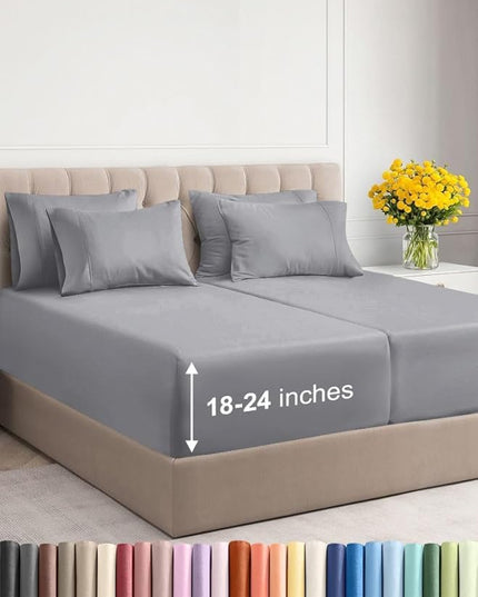 Extra Deep Split King Sheet Set - 7 Piece Breathable & Cooling Sheets - Hotel Luxury Bed Sheets Set - Easy Fit - Soft, Wrinkle Free & Comfy Sheets Set - Steel Blue Sheet Set with Extra Deep Pockets