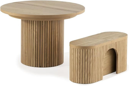 Transformer Table - Solid Wood Extendable Round Dining Table Set with Bench, Extendable Round Dining Set, Seats 4-10, Seat with Hidden Panel Storage, Scandinavian Oak, Natural Finish (Table + Bench)
