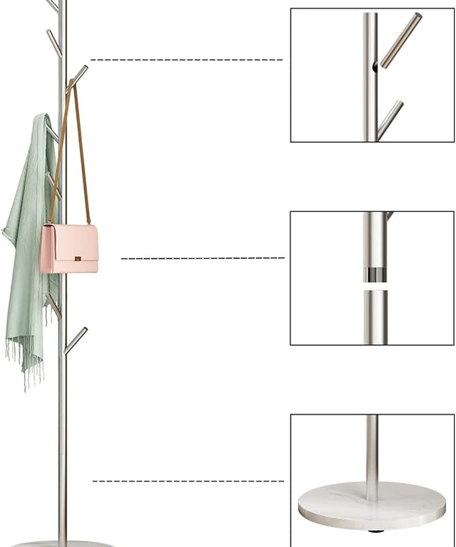 Silver Coat Racks, Metal Coat Rack Freestanding with Hooks, Entryway Coat Rack Stand, Coat Racks with Marble Base, Coat Tree for Hanging Clothes, Hats, Bags
