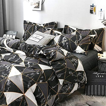 CLOTHKNOW Black White Marble King Size Comforter Set 3Pcs Triangle Plaid Bedding Comforter Set All Season Geometric Comforter