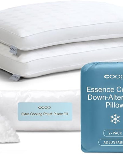 Coop Home Goods Essence Cooling Down Alternative Pillows Set of 2, King Size Adjustable Cooling Pillow for Hot Sleepers, Luxury Cool-to-The-Touch Hotel Pillows for Stomach, Back, or Side Sleepers