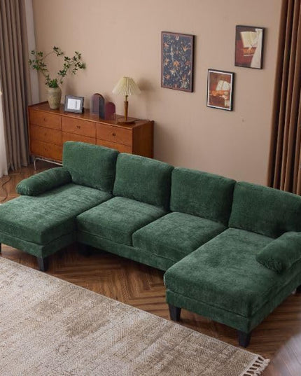 VINGLI 110" Sectional Couches for Living Room,U Shaped Couch with Double Chaise, 4-Seat Sofa Set with Chenille Fabric for Home Furniture,Forest Green