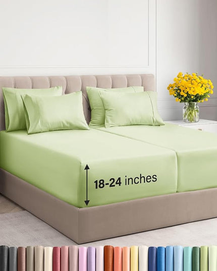 Extra Deep Split King Sheet Set - 7 Piece Breathable & Cooling Sheets - Hotel Luxury Bed Sheets Set - Easy Fit - Soft, Wrinkle Free & Comfy Sheets Set - Light Sage Sheet Set with Extra Deep Pockets