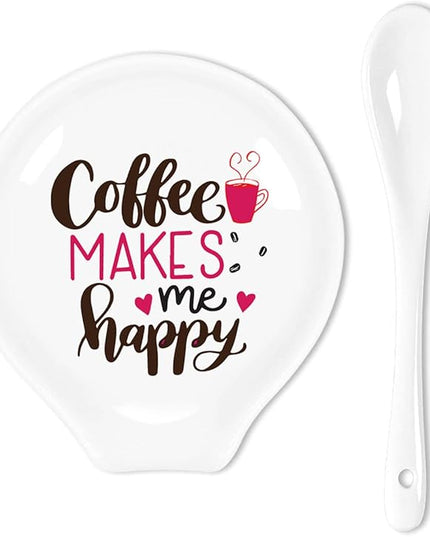 Funny Coffee Quote Colored Pattern Ceramic Coffee Spoon Holder-Coffee Spoon Rest -Coffee Station Decor Coffee Bar Accessories-Coffee Lovers Gift for Women and Men (Coffee Makes Me Happy)