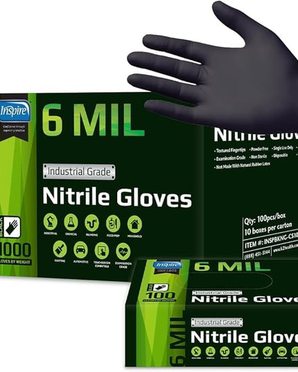 Inspire Black Nitrile Gloves HEAVY DUTY 6 Mil Nitrile Chemical Resistant Medical Cooking Cleaning Disposable Black Gloves