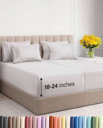 Extra Deep Split King Sheet Set - 7 Piece Breathable & Cooling Sheets - Hotel Luxury Bed Sheets Set - Easy Fit - Soft, Wrinkle Free & Comfy Sheets Set - French Grey Sheet Set with Extra Deep Pockets