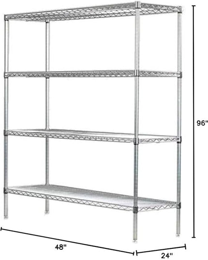 Omega 4 Tier Shelving Unit Heavy Duty NSF Wire Shelf Metal Large Storage Shelves Adjustable, Commercial Grade Steel Utility Layer Shelf Rack Storage,24L x 48W x 96H Inch Chrome