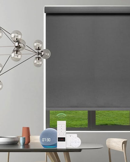 ZSHINE Motorized Blackout Window Blinds Customize Width Remote Control Wireless and Rechargeable Window Roller Shades for, Home, Office, Hotel, Club, Restaurant and Cinema(82133E-1)