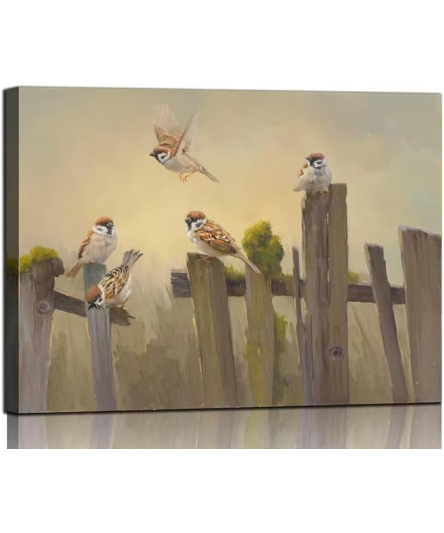 Bird Wall Art Birds Flying on The Wooden Fence Painting Decor Farmhouse Birds Canvas Art Print Pictures for Living Room Kitchen Home Office Decorations 24x32 inch