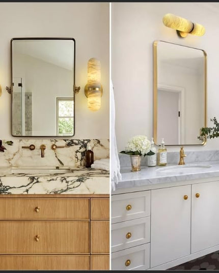 Alabaster Wall Sconces Set of Two,13in Brass Alabaster Sconce, Modern Spanish Natural Marble Sconces Lights, Gold Sconces for Bathroom Vanity Bedroom Living Room Staircases Hallway