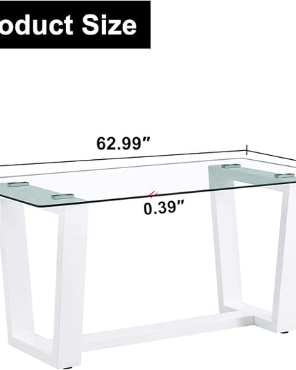 Ebullient Glass Dining Table, Modern Dining Table, 63" Tempered Glass Tabletop with White MDF Trapezoid Legs, Rectangle Kitchen Table for 4-6 Person, Ideal for Kitchen, Dining Room, Home, Apartment