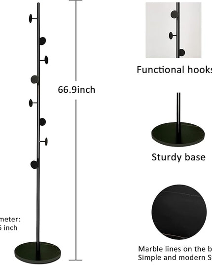 Coat Tree Freestanding, Metal Coat Rack Tree with 8 Hooks, Free Standing Hanger for Hats Scarves Purses Umbrellas, Coat Stands with Stable Base for Entryway Bedroom, Black