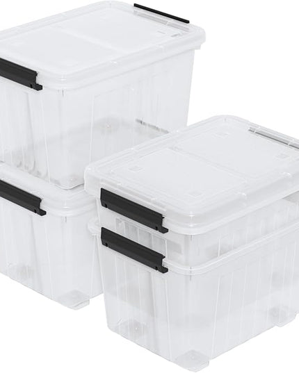 Zopnny 30 Quart Plastic Stacker Box, Large Storage Bin Container with Latching Lids and Wheels for Home and Garage Organizing, Shoes, Tools, Clear Base, 4-Pack