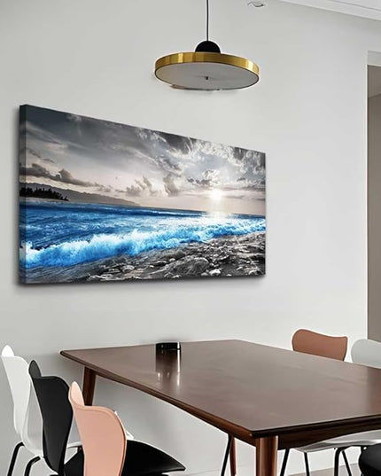 hyidecorart Wall Decor For Living Room Framed Canvas Wall Art For Office Bedroom Decorations Blue Ocean Wall Painting Black and White Beach Pictures Artwork Modern Mural Home Walls Decor