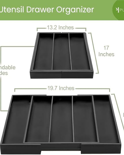Purawood Kitchen Drawer Organizer - Expandable Utensil Organizer for Kitchen, Cutlery Tray & Silverware Organizer, 3-5 Slots - Bamboo Drawer Organizer for Utensils & Flatware (Black)