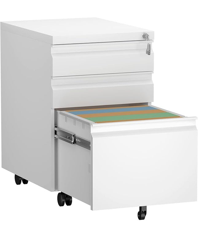 File Cabinet,3 Drawer File Cabinet with Lock,Metal Filing Cabinets with Wheels Under Desk,Small Moblie File Cabinets for Home Office,School,Letter/Legal/A4 Size,White